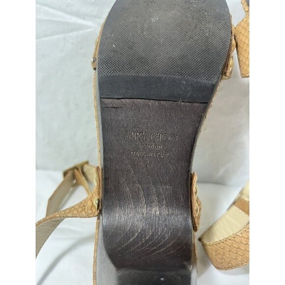 Authentic JIMMY CHOO Leather Snake Embossed Tan and Brown Wood heel size 37 - Picture 8 of 15